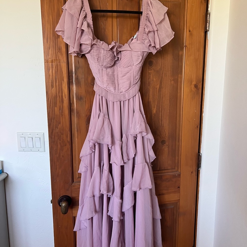 ASOS DESIGN flutter sleeve ruched corset detail tiered midi dress in mauve